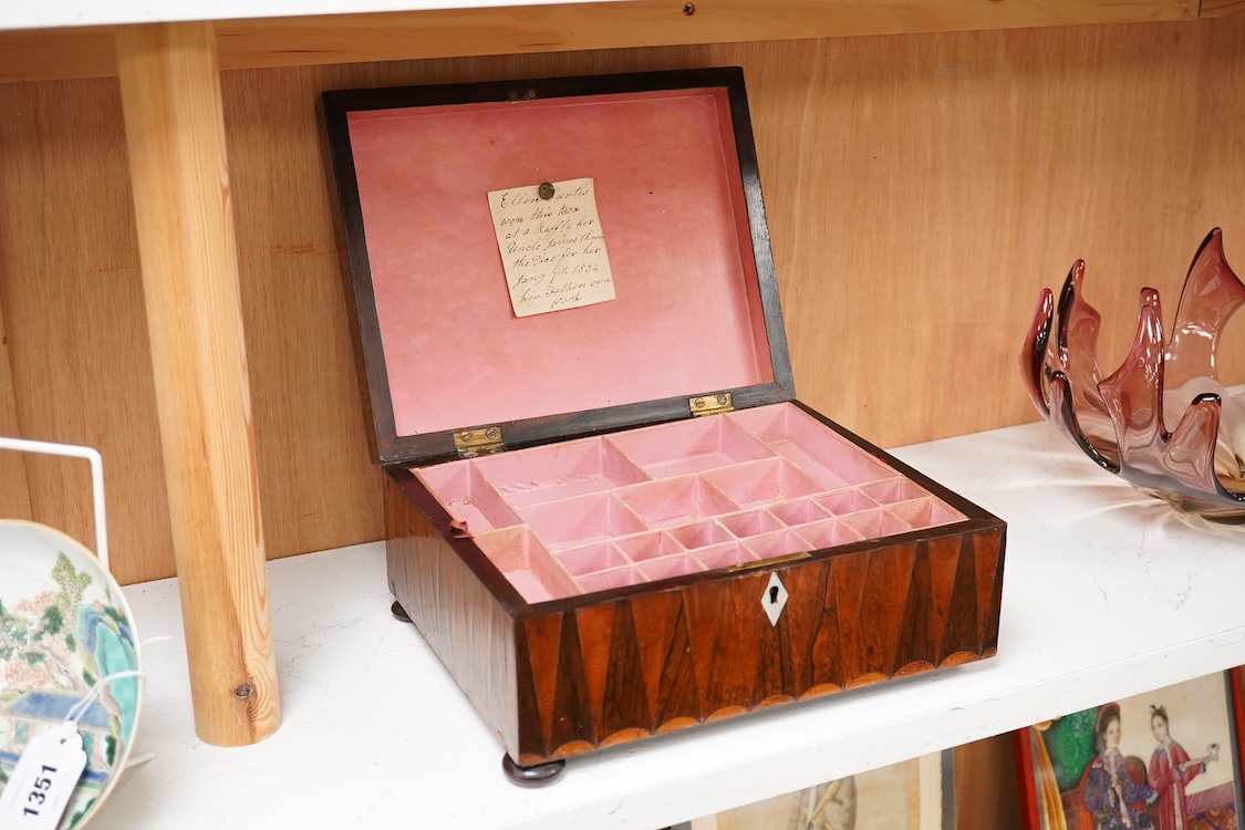 A William IV rosewood and specimen parquetry selling box, 27cm wide x 11.5cm high